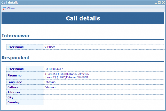 Call details dialog